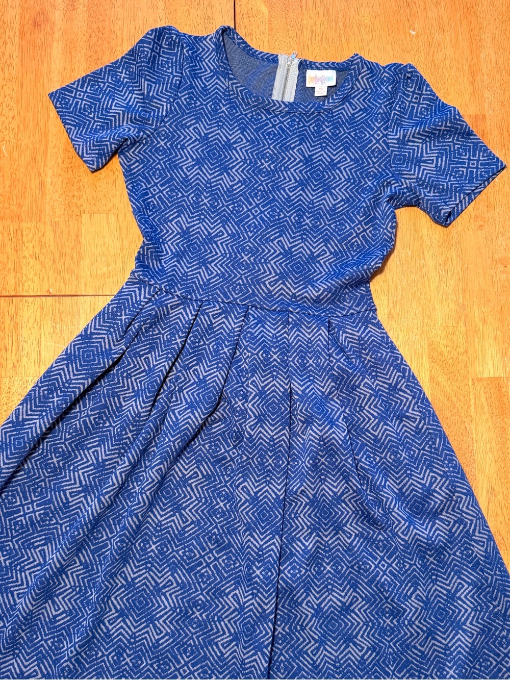 Women’s Blue Geometric Fit-and-Flare Dress with pockets